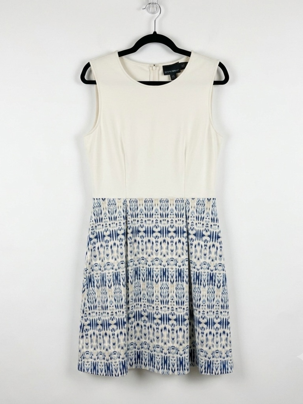 Cynthia Rowley Ivory Bodice Blue Patterned Skirt Fit-and-Flare Dress